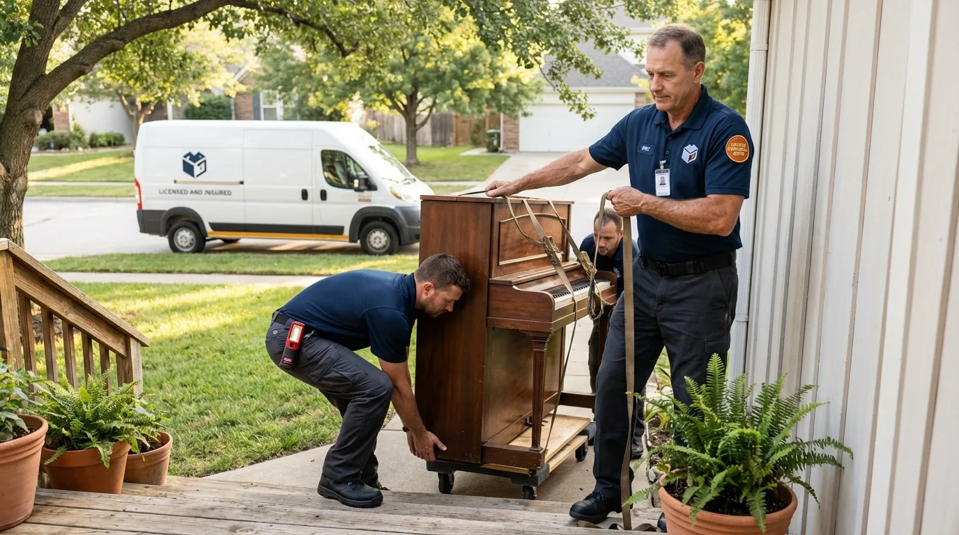 Licensed piano movers securing grand piano in Spencer, NC