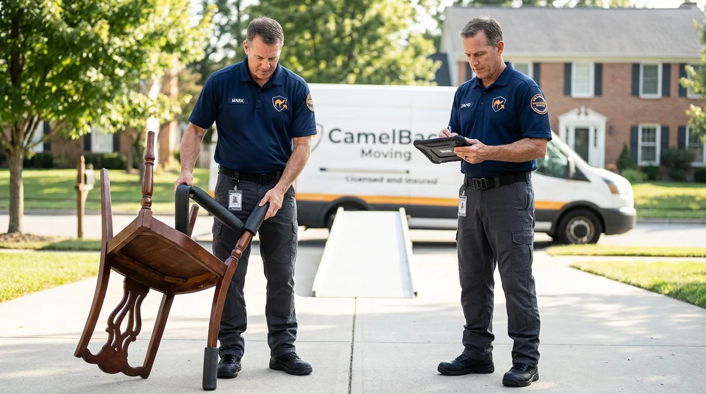 Movers inspecting furniture for damage prevention before loading in Spencer, NC